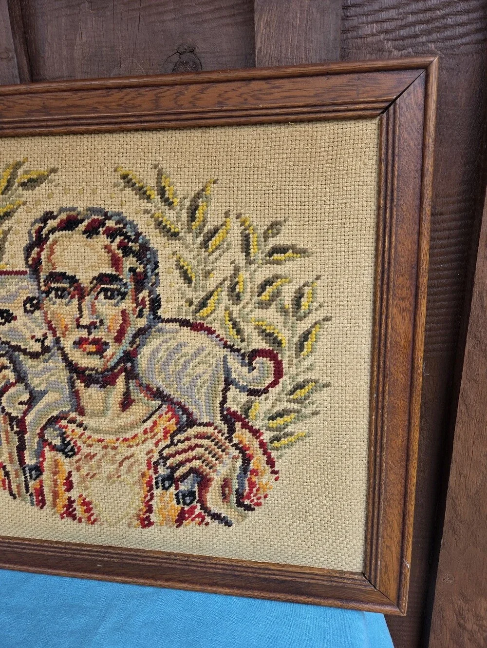1950s The Good Shepherd Cross Stitch Framed Wall Art